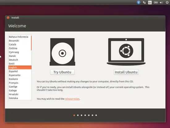 Выберите ваш язык и нажмите кнопку Install Ubuntu, чтобы начать установку: